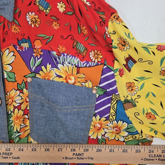 Vtg SK Wear Top Sz L Multi Mixed Print Mod Daisy Floral Denim Pockets Retro - Picture 11 of 13